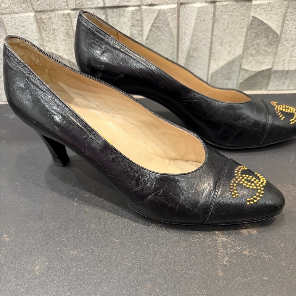 CHANEL Black Leather Heels with Gold CC Studs - Picture 8 of 8